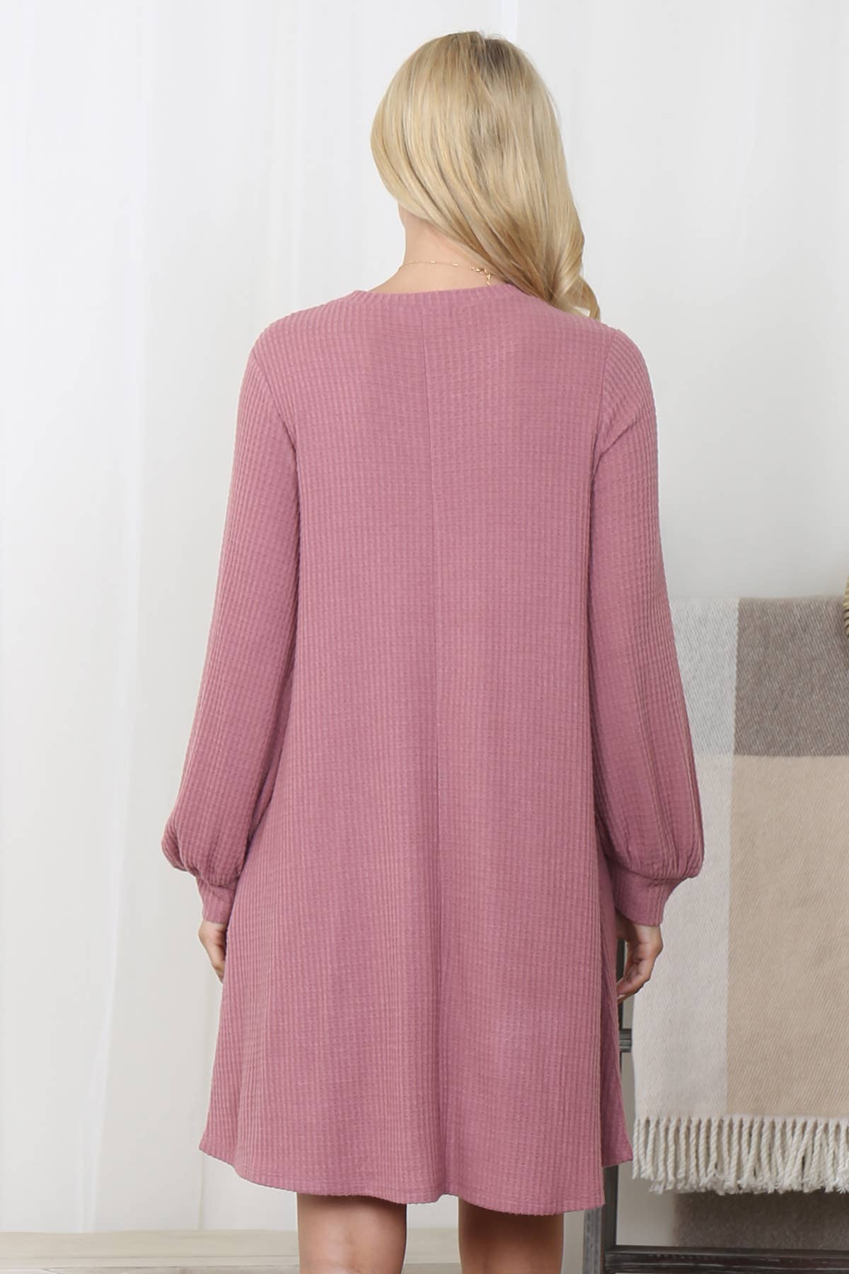 You & Me - Wholesale Dress - Women's - YMD10051V-BRUSHED WAFFLE BUBBLE SLEEVE POCKET DRESS6