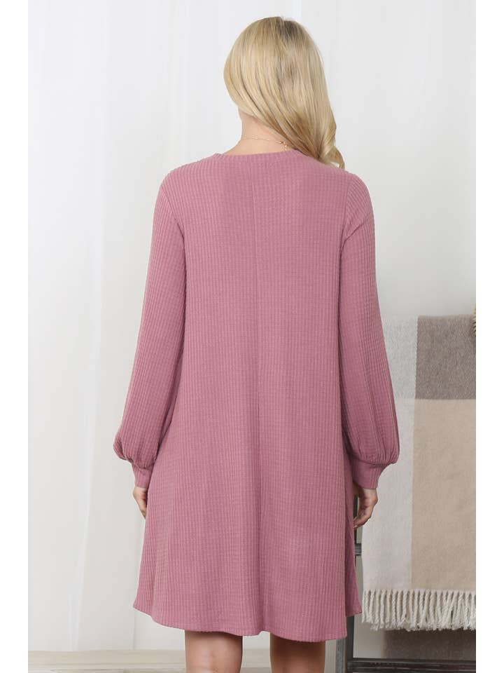 You & Me - Wholesale Dress - Women's - YMD10051V-BRUSHED WAFFLE BUBBLE SLEEVE POCKET DRESS6