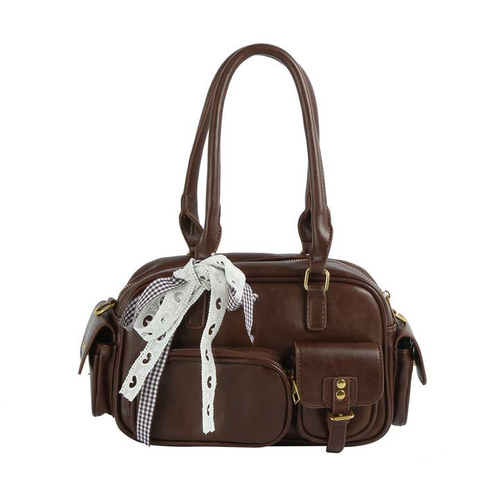 Båndaccent skuldertaske med flere lommer for engroshandel hos Handbag Factory Corp