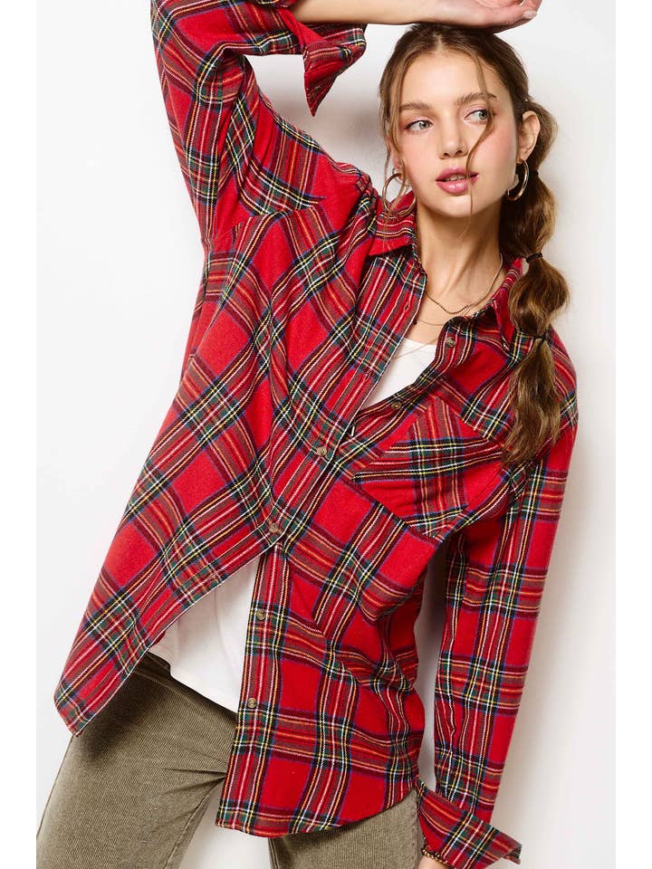 La Miel - Wholesale Button Down Shirt - Women's - SRT7807-Loose Fit Button Down Soft Fabric Plaid Shirts