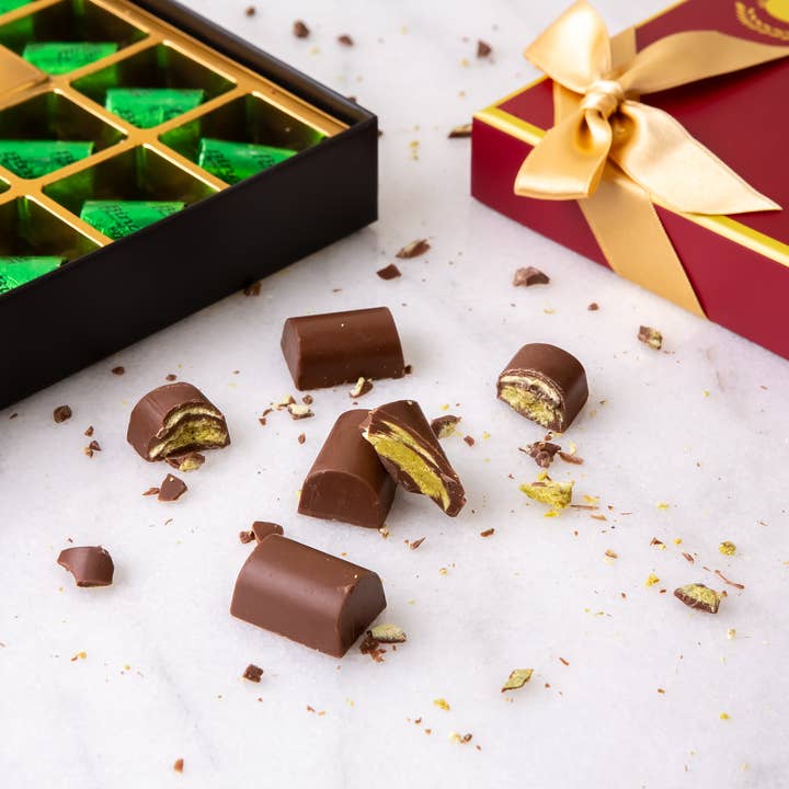 Carian's Bistro Chocolates - Wholesale Chocolate Box - Viral Dubai Chocolate Gift Box with Gold Ribbon Wrapped13