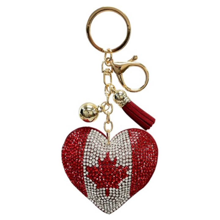 RHINESTONE CANADA HEART FLAG BAG CHARM KEYCHAIN, KC444X 851 for wholesale by JOIA ACCESSORIES