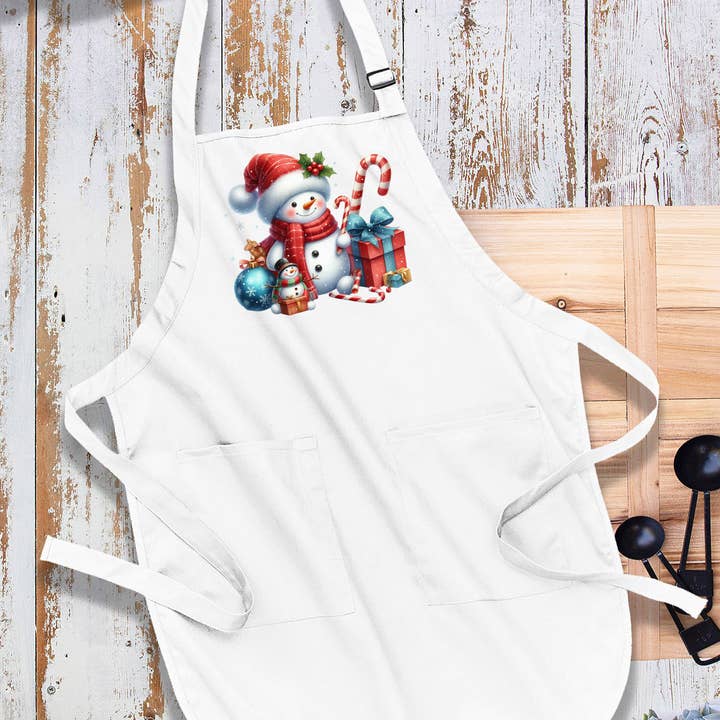 Grembiule da cucina in cotone con pupazzo di neve natalizio con regali per la vendita all'ingrosso da parte di Avery Lane Gifts