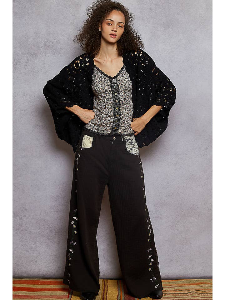 Pol Clothing - Wholesale Cardigan - Women's - Long sleeve v neck floral pattern crochet chenille cardigan4