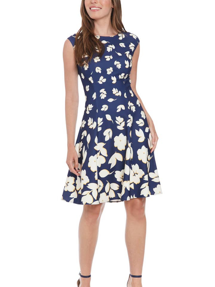 London Times Al-Over Bloemenprint Crew Halslijn Kapmouw Fit en Flare Jurk voor wholesale door Immediate Apparel