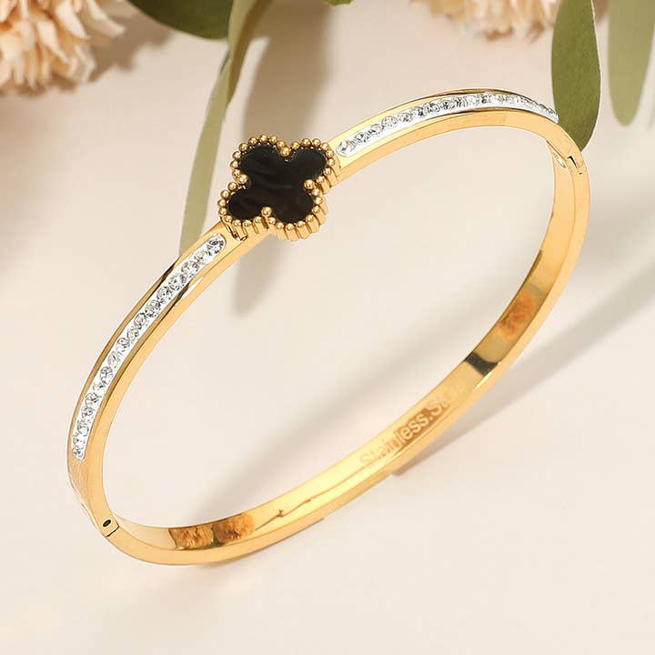 Stainless Steel Rhinestone Paved Quatrefoil Center Hinged Bangle Bracelet for wholesale by Sensibling Corp.