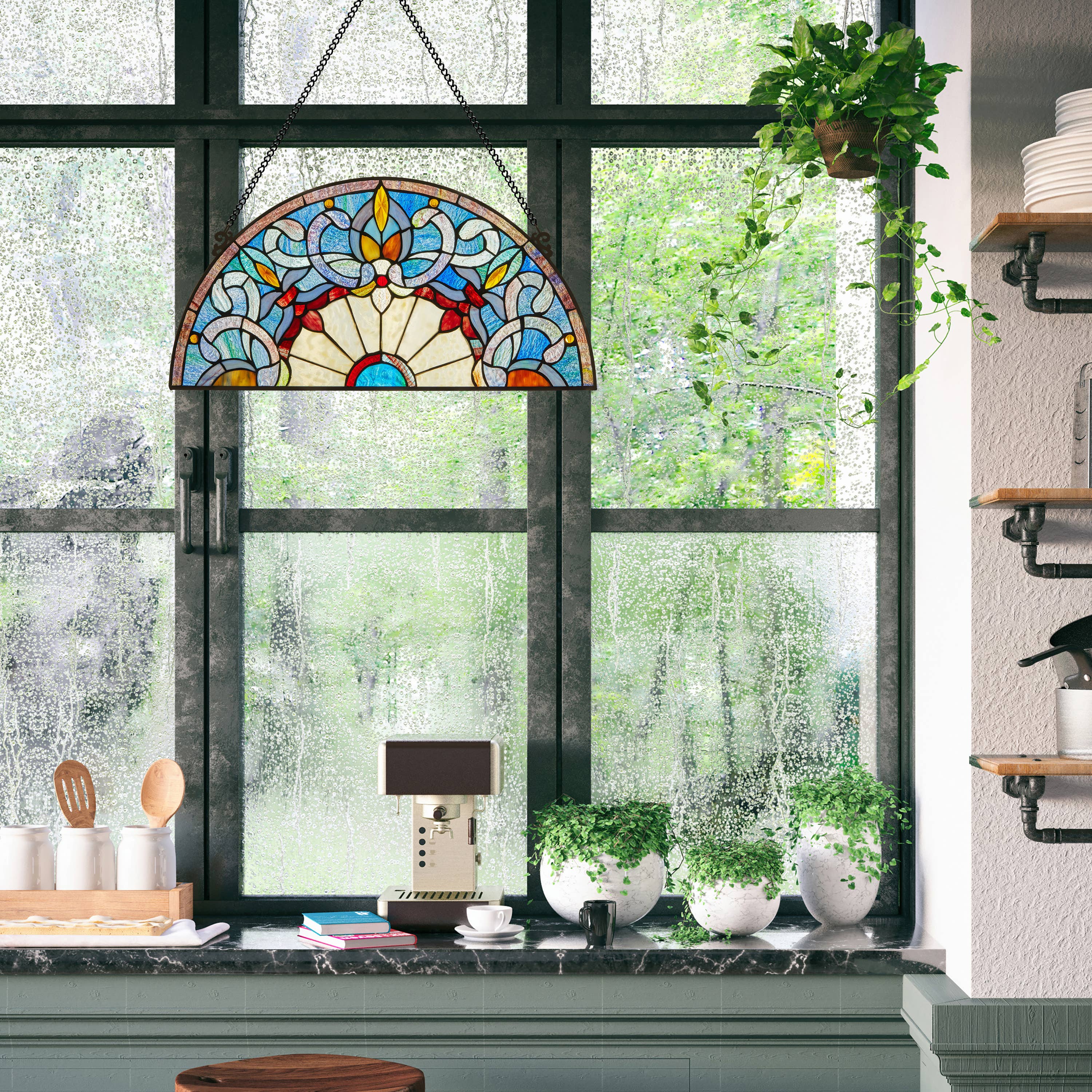 River of Goods - Wholesale Suncatcher - 11"H Maxine Blue Half-Moon Stained Glass Window Panel4