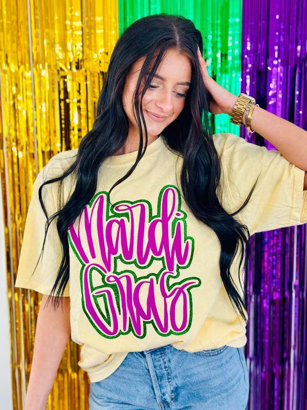 BURRO T-shirt Mardi Gras Cursive Double Puff/Glitter in vendita all'ingrosso su Faire1