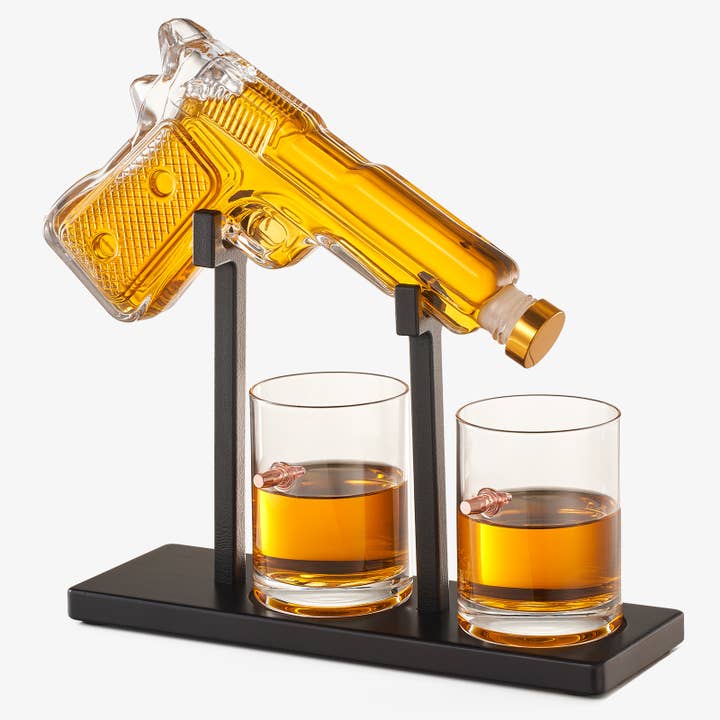 Pistol Whiskey Decanter Set 7.7 Oz with Two 10.5 Oz Glasses for wholesale by The Wine Savant /  Khen Glassware