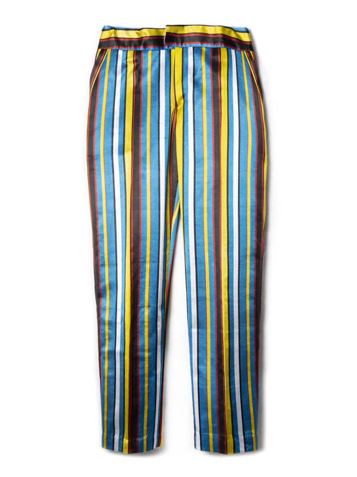 Pantaloni eleganti in seta a righe/Blu e giallo per la vendita all'ingrosso da parte di Bibi Hanum