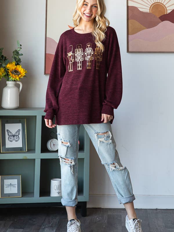 DK BURGUNDY ET7712-10 LONG PUFF SLEEVE ROUND NECK SOLID TOY SOLDIER PRIN for wholesale on Faire
