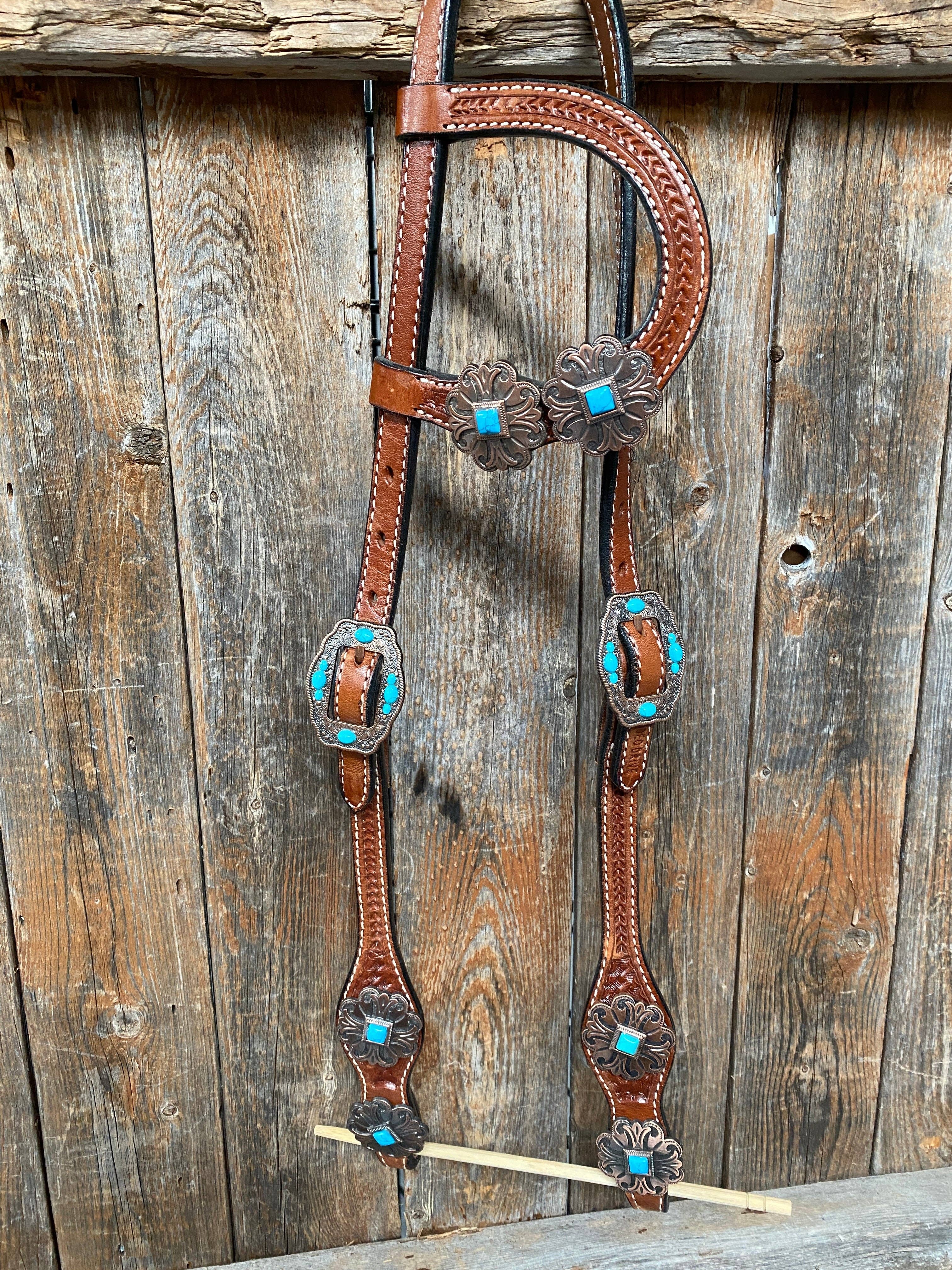 Rodeo Drive - Wholesale Horseback Riding Gear - Medium Basketweave Turquoise One Ear & Breastcollar Tack Set #OEBC4451