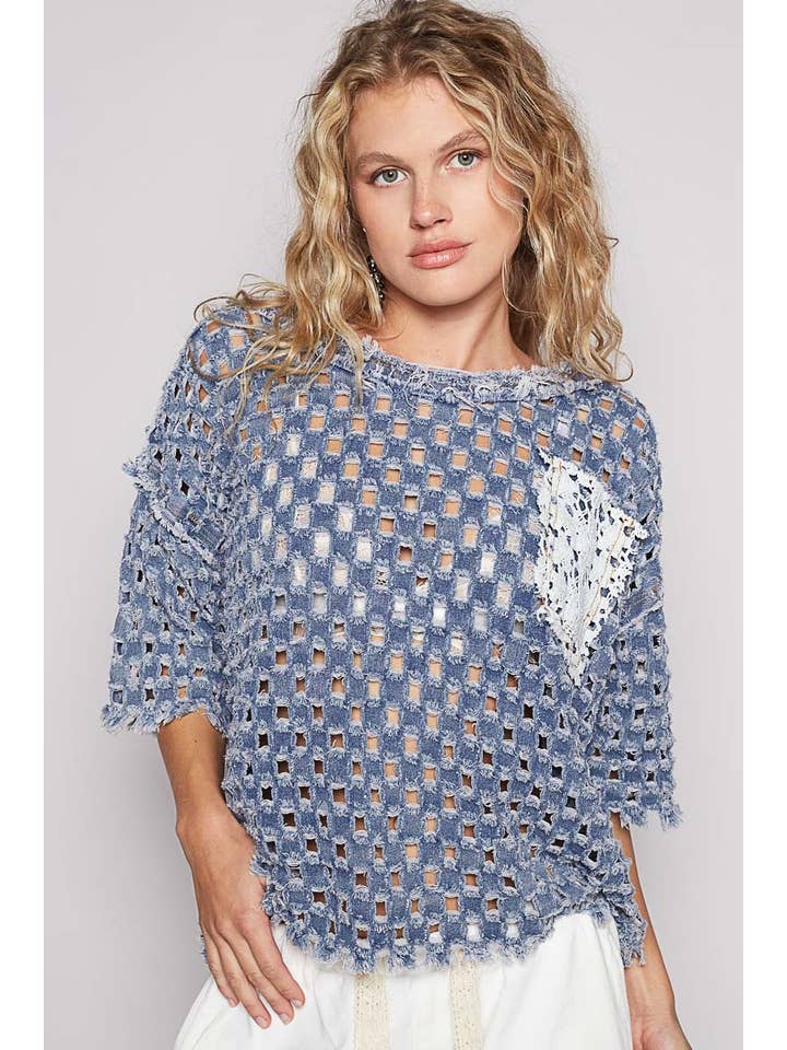 Pol Clothing - Wholesale Knit Top - Women's - Round neck short sleeve open knitted woven top1