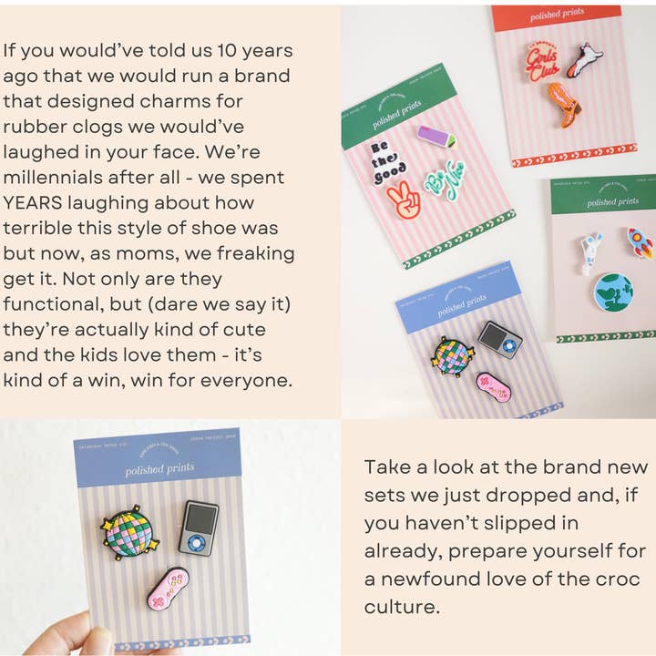 Polished Prints - Wholesale Lapel Pin/Button - Millennial Nostalgia Croc Charms | 3-Pack Shoe Charms6
