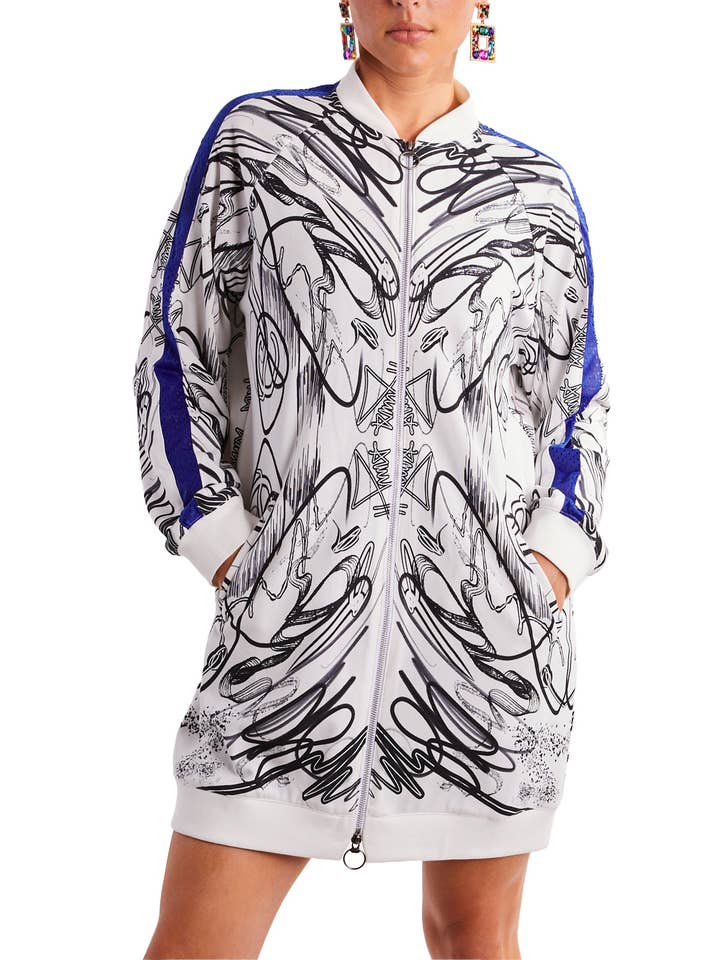 Veste bomber longue en coton French Terry imprimé sur mesure pour la vente par Amy Page DeBlasio