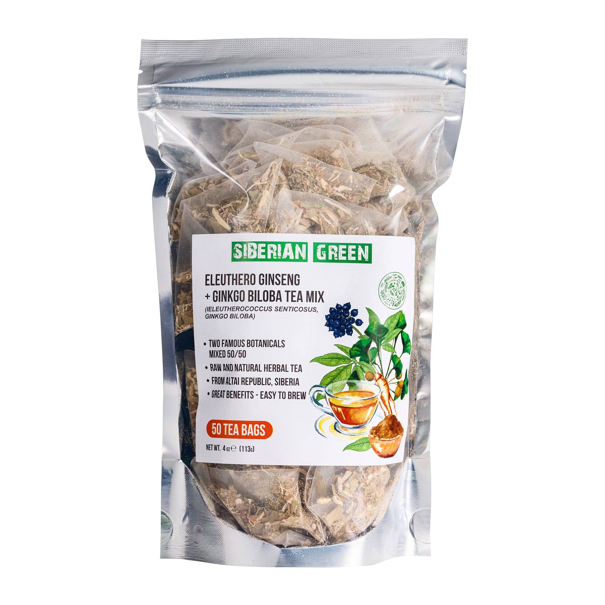 SiberianGreen - Wholesale Tea Bags - Siberian Green Ginkgo Biloba Tea with Eleuthero Root  – 50 Tea Bags5