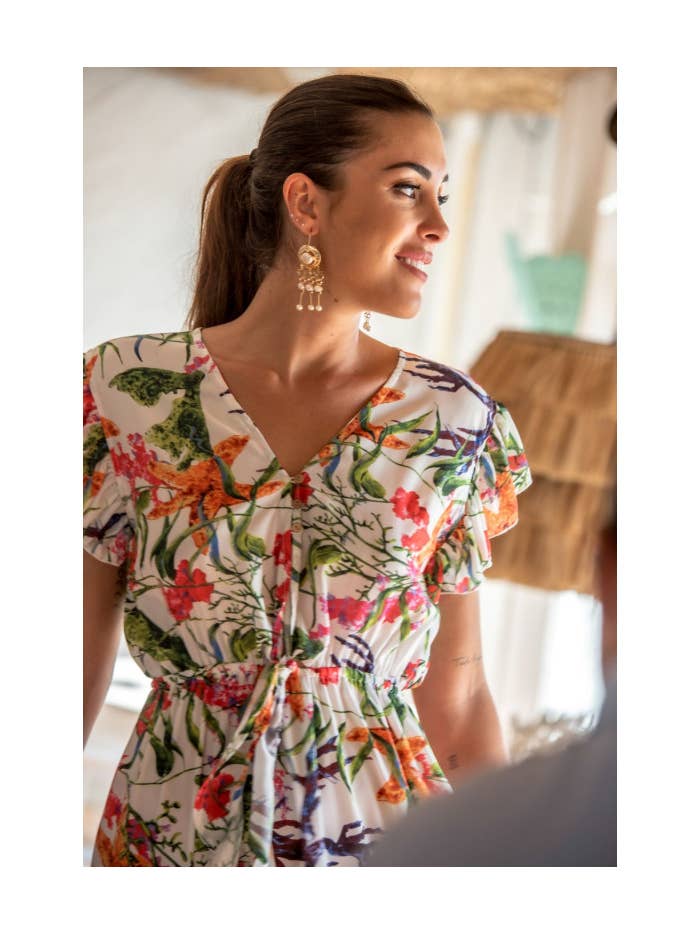 RIFERIMENTO 1218:001218 Abito senza maniche stampa stelle marine e coralli con doppia balza in vendita all'ingrosso su Faire1