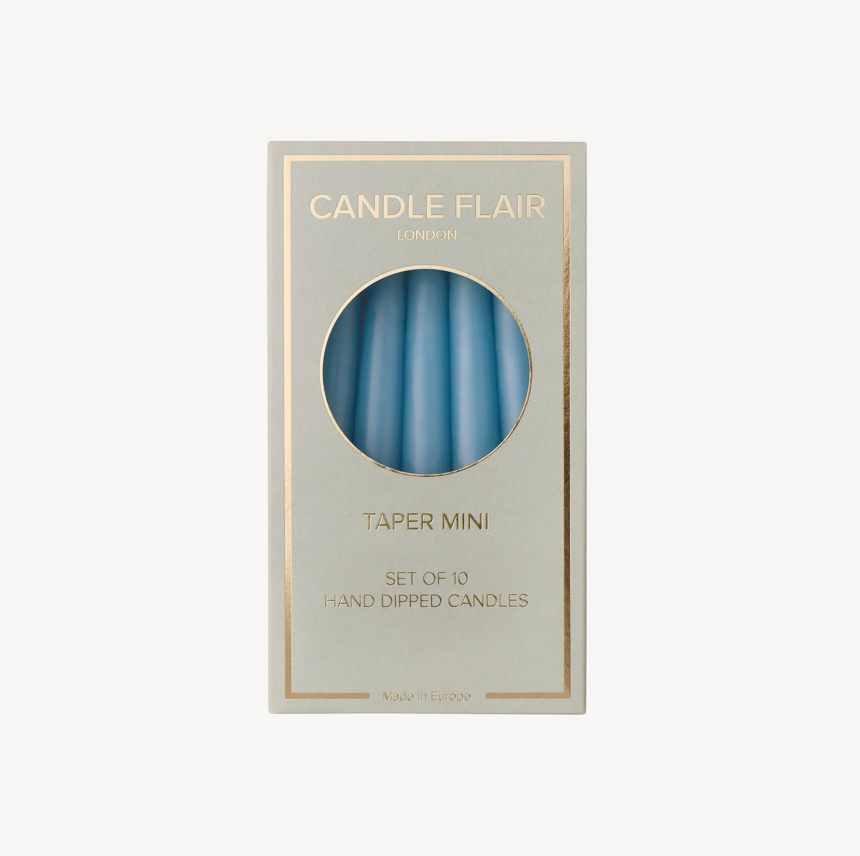 Candle Flair – wholesale Tapered candle/candlestick – Box of 10 Candles - Taper Mini - Grey Blue1