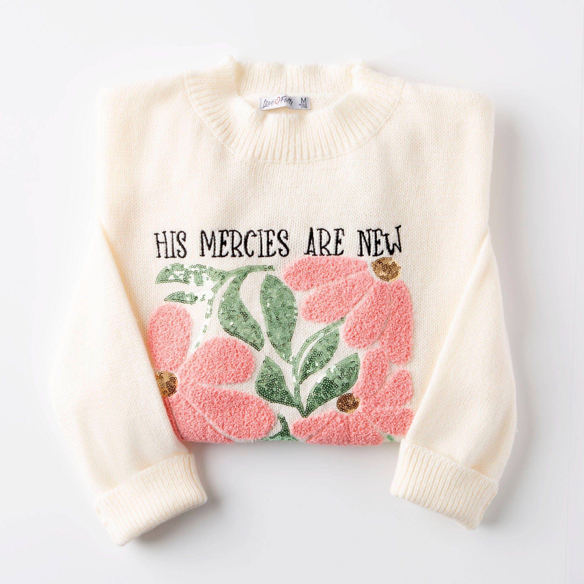 Cream His Mercies Are New Embellished Sweater for wholesale on Faire0