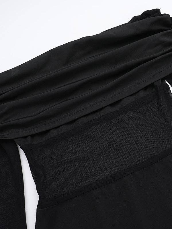 BLACK Long Sleeves Skinny Pleated See-Through Solid Color Split-Joint Off-The-Shoulder Evening Dresses Maxi Dresses for wholesale on Faire10