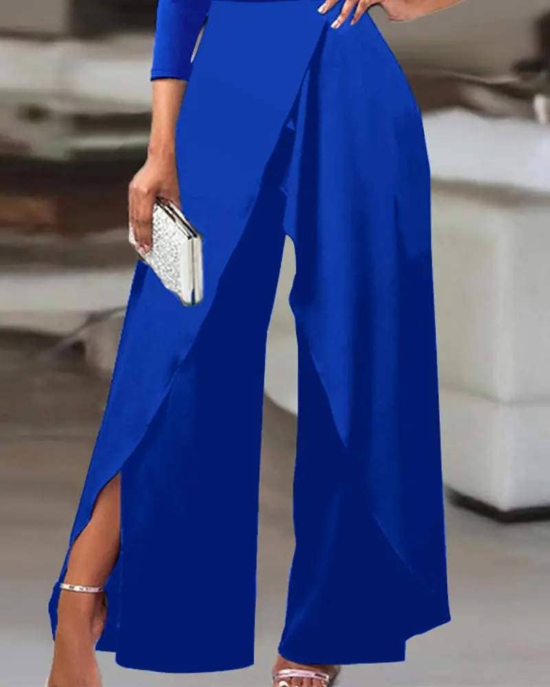 Queen Fashion - Wholesale Jumpsuit - Women's - ruched cold shoulder split hem wide leg jumpsuit9