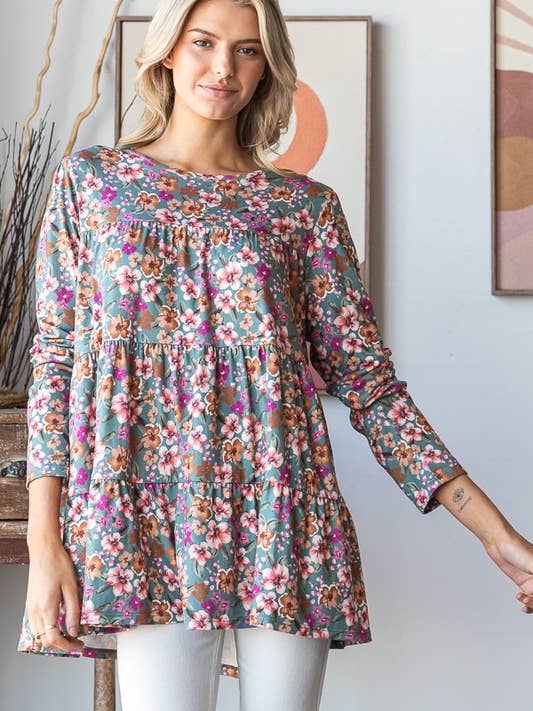 DUSTY TEAL ET7001-12 LONG SLEEVE FLORAL PRINT TIRED TOP for wholesale on Faire