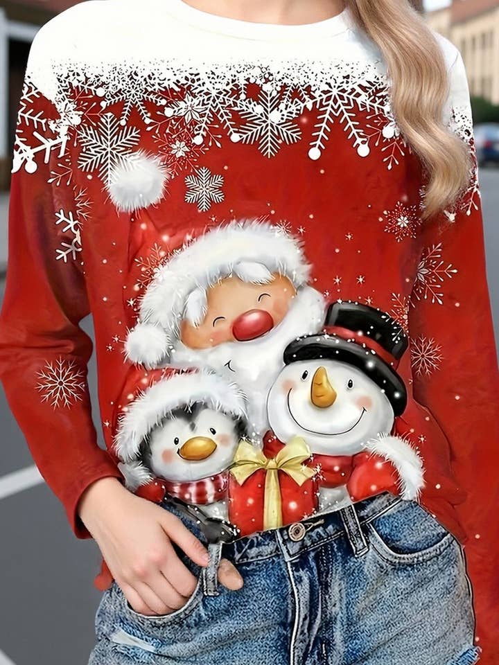 RED CWOSWL07611_SNOWMAN CHRISTMAS LONG SLEEVE KNIT TEE for wholesale on Faire0