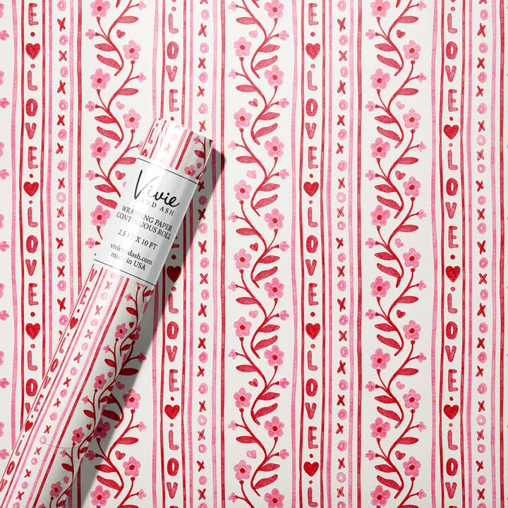 Love Text Floral Stripe Valentine Wrapping Paper Roll for wholesale by Vivie and Ash