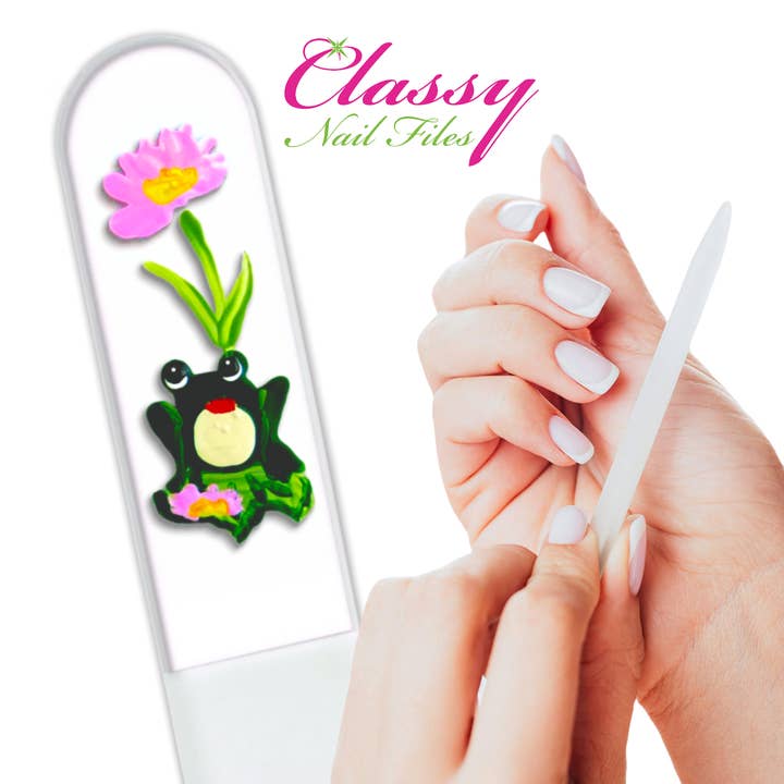 Classy Nail Files - Wholesale Nail File - Frog Lily Pad Flower Wildlife Hand Painted Crystal Nail File