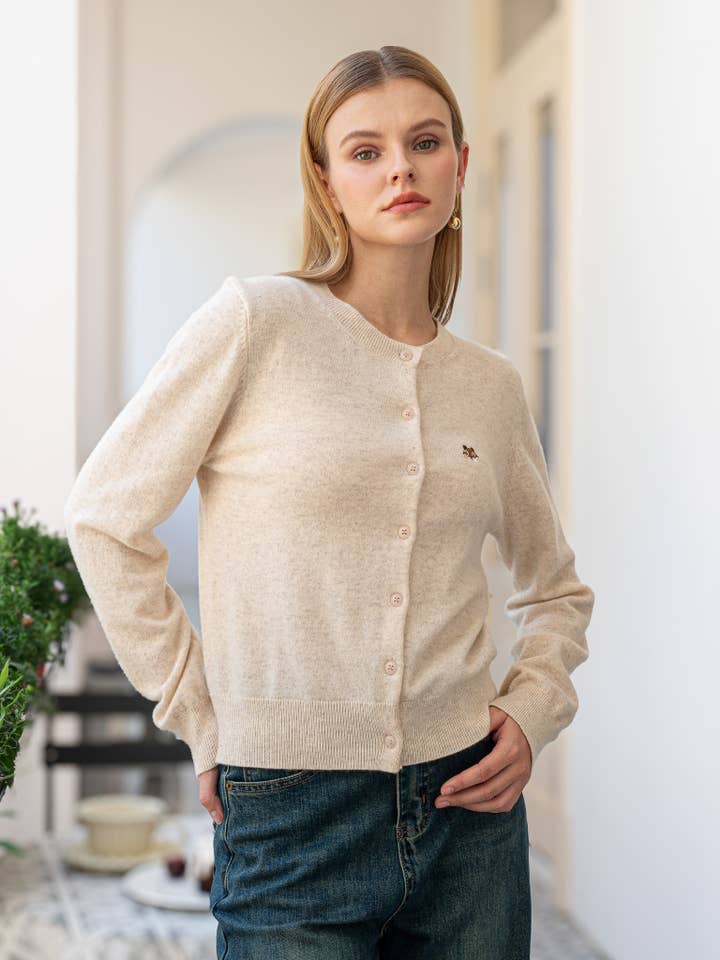 ROSIE POSIE - Wholesale Cardigan - Women's - 100% Wool Beige Cardigan with Squirrel Motif