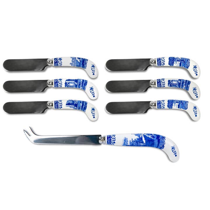 Spode Blue Italian Cheese Knife & 6 Spreaders for wholesale by Portmeirion, Spode, Pimpernel, Nacthmann, Wrendale Designs