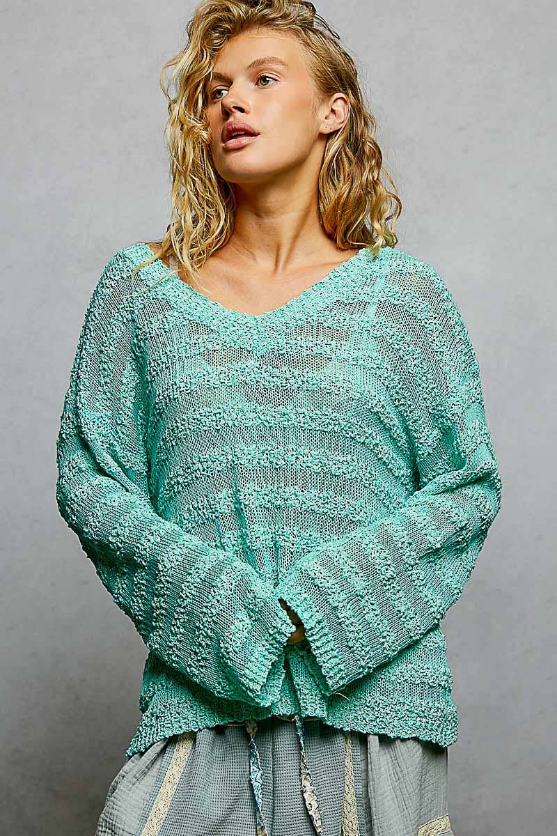 Pol Clothing - Wholesale Knit Sweater - Women's - V Neck Long Sleeve Striped Knit Acrylic Thin Sweater SALE18