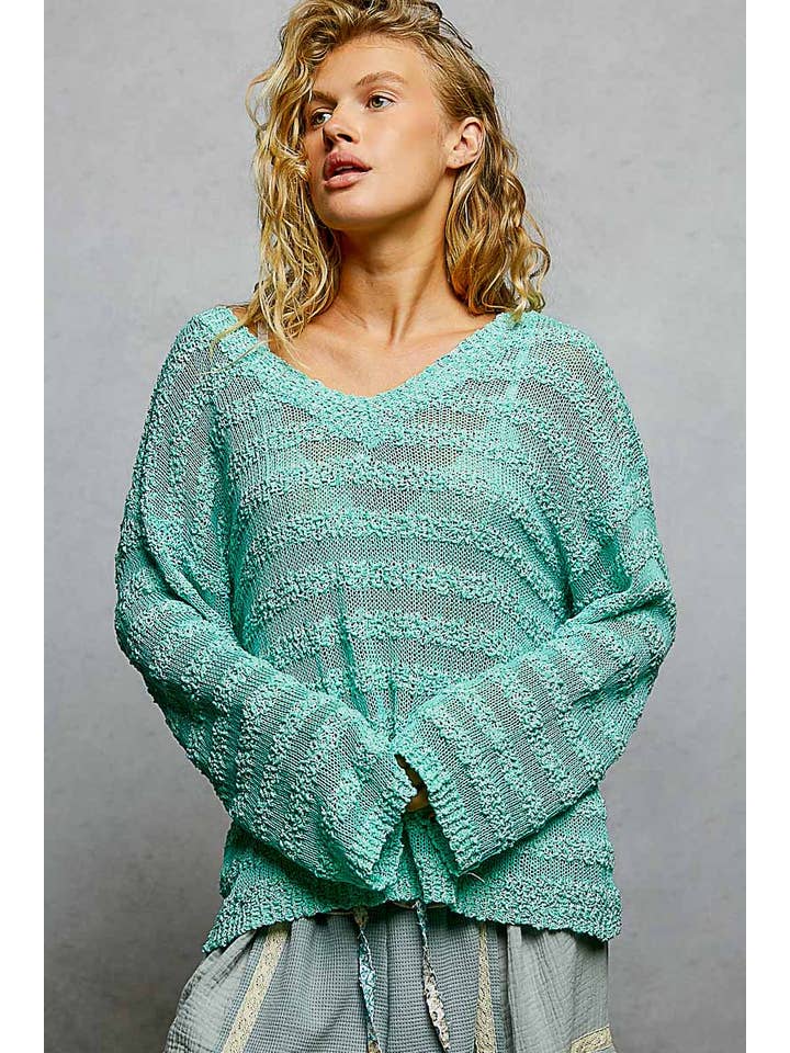 Pol Clothing - Wholesale Knit Sweater - Women's - V Neck Long Sleeve Striped Knit Acrylic Thin Sweater SALE18