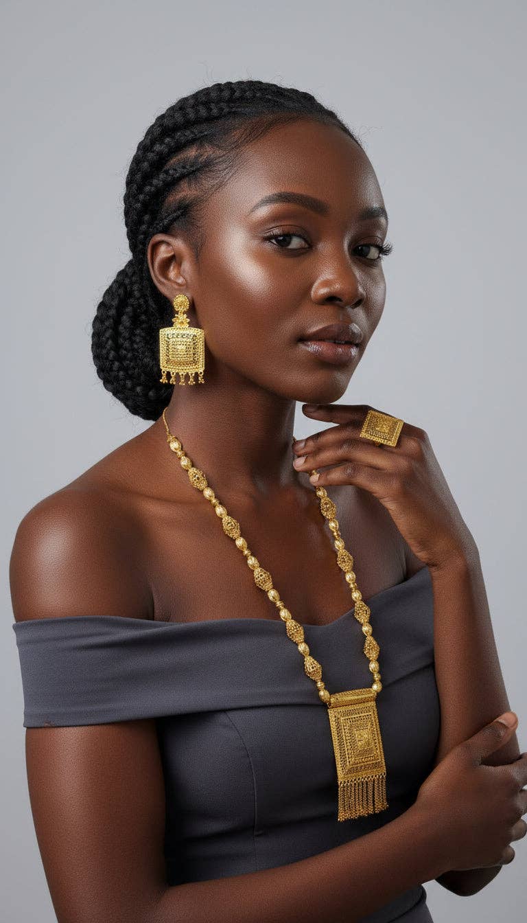 India Batik – Großhandel Schmucksets – Goldhalskette/Ohrring/Ringset/Vergoldet -080