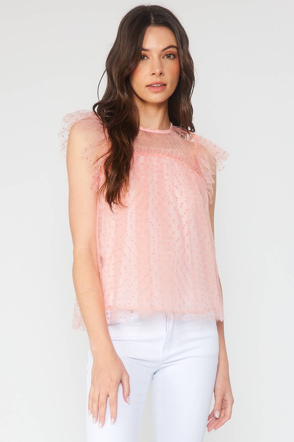 FSL Apparel - Wholesale Blouse - Women's - ST3753 - MINI DOT FLOCKING MESH TULLE TOP1