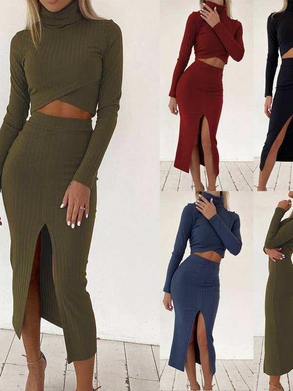 Sweetkama Ladies High Collar Top High Waist Skirt Set for wholesale by Sweetkama