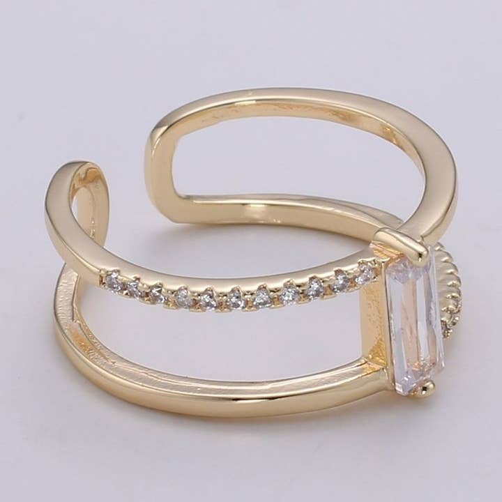Gold Filled Minimalist Double Band Baguette Micro Paved Cubic Zirconia Dainty Gold Stacking Ring | O-015 O-016 for wholesale by Aim Eternal