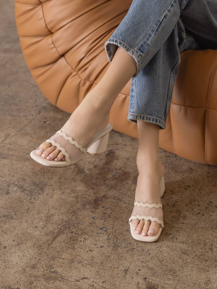 The Trina | Beige Scalloped Mesh Block Heel for wholesale on Faire5