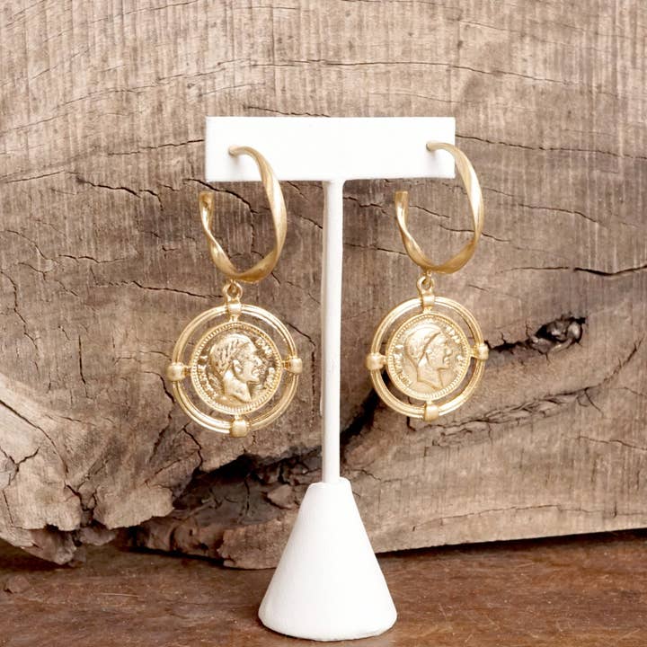 PennyLine inc - Wholesale Dangle Earrings - Hoop Coin Worn Gold Earrings