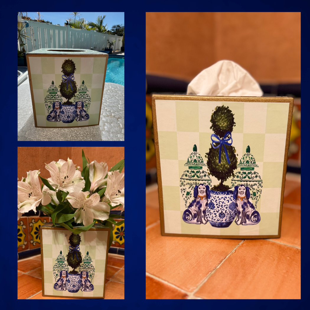 TOPICS IN THE TROPICS - Wholesale Tissue Box - Paper Mache Kleenex Box Staffordshire dogs and topiary1