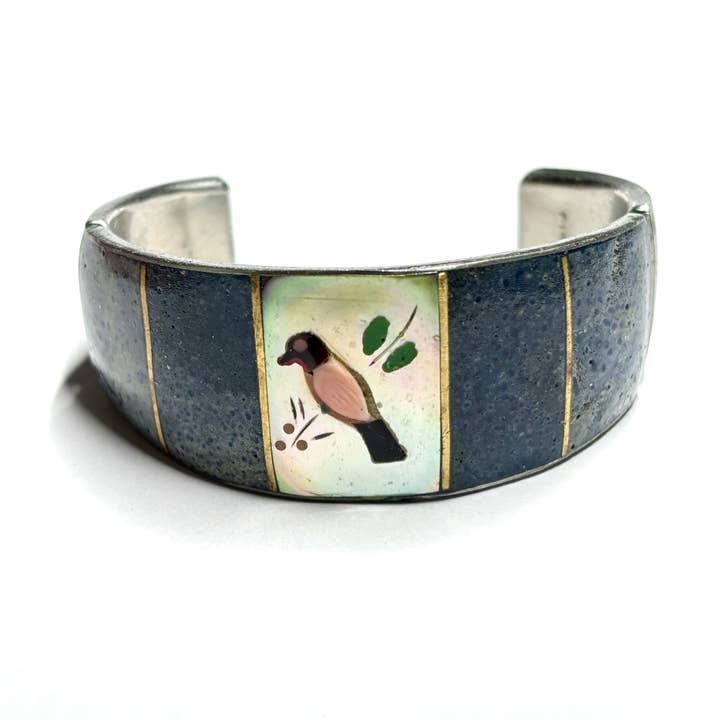 Vintage 1970s Blue Coral and Mother of Pearl Bird Cuff Bracelet for wholesale by Whitestone Jewelry Co.