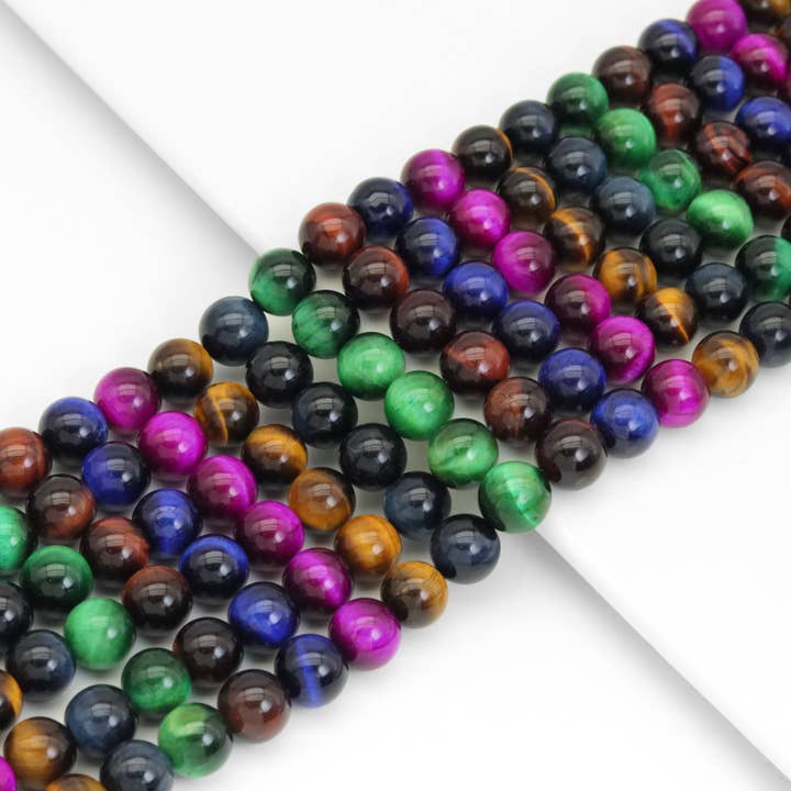 Perles lisses rondes colorées en forme d'œil de tigre, Sku #UA318 pour la vente par BestBeads&Beyond
