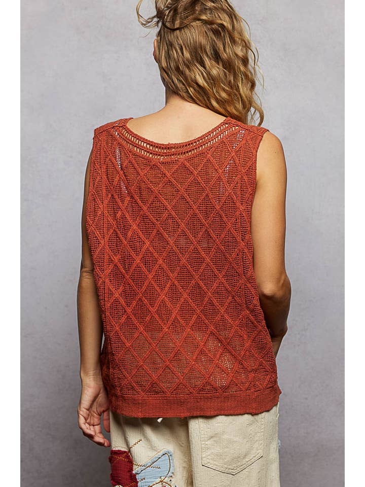 Pol Clothing - Wholesale Knit Top - Women's - V-neck Diamond Weave Crochet Sleeveless Knit Top 13