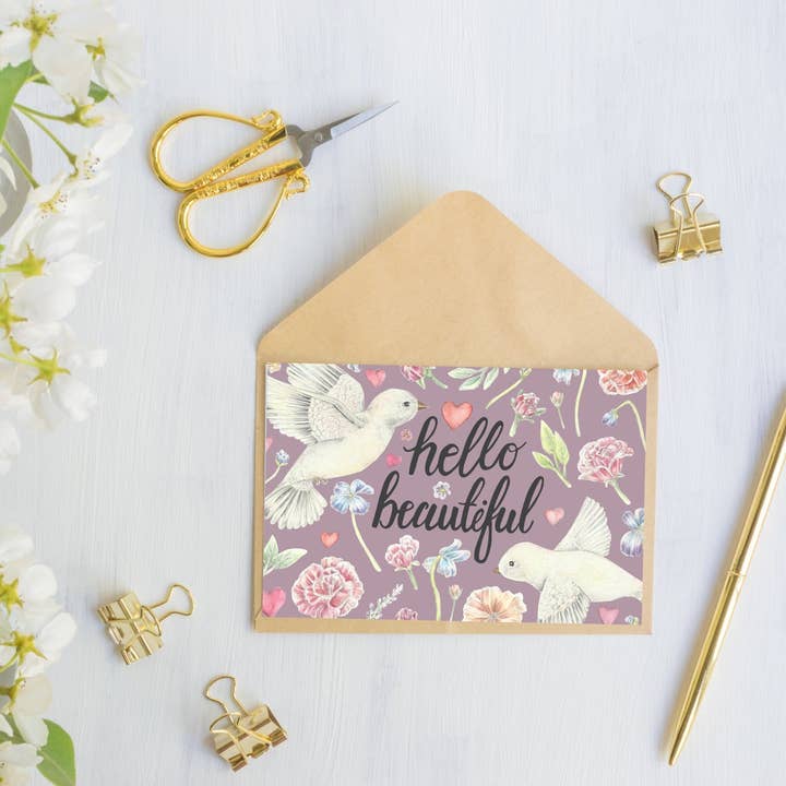 Hello Beautiful Folded Card for wholesale by Erica Catherine Illustration