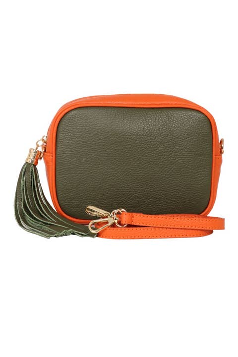Beau - Italian Leather Crossbody Bag - Khaki/Orange, Pebbled for wholesale by Sarta Pelle