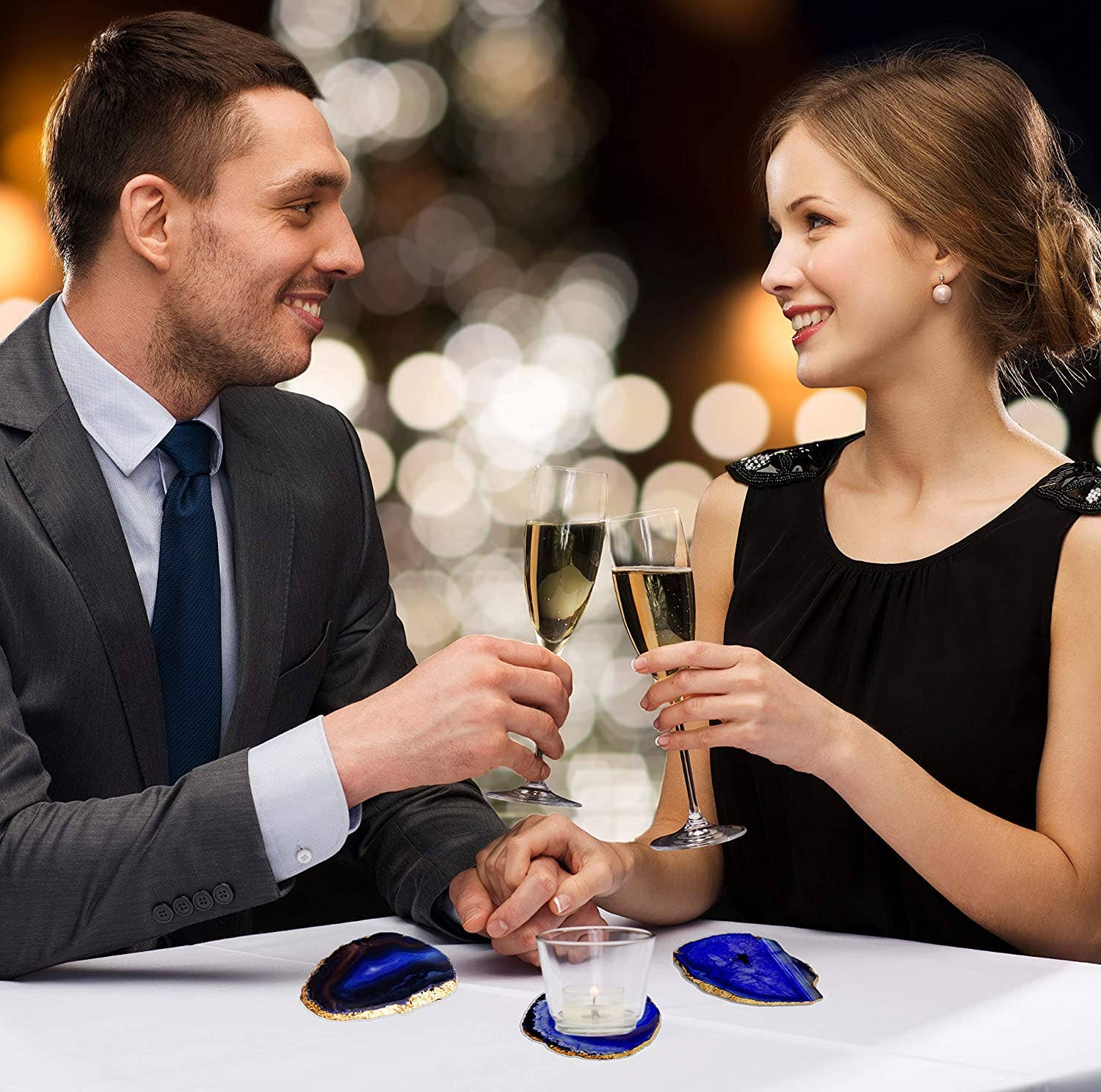 Bezrat - Wholesale Coasters - Set of 4 Blue Agate Coasters for Drinks- Silver Edge5