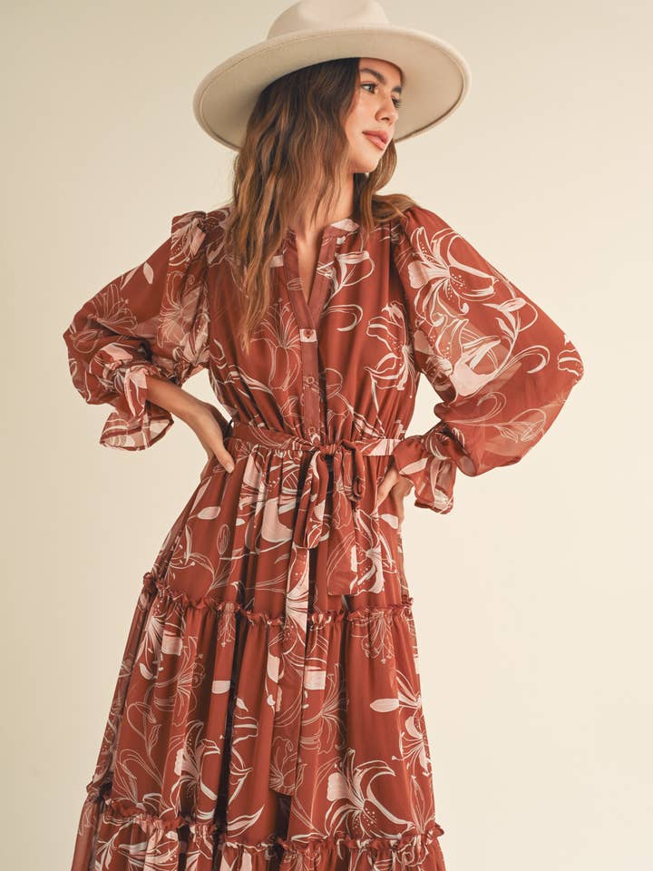 EXCLUSIVE PRINT TIERED BUTTON DOWN MIDI DRESS MDR2724 for wholesale by &MERCI