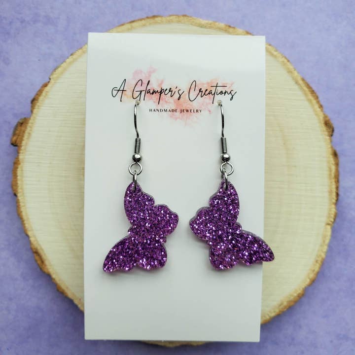 Purple Glitter Acrylic Butterflies Earrings for wholesale by A Glamper's Creations LLC