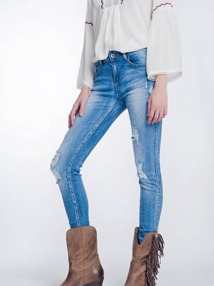 super skinny jeans in vintage mid wash blauw met zware scheurtjes voor wholesale door Q2—All Orders:Free Duties for the US,UK,and Canada