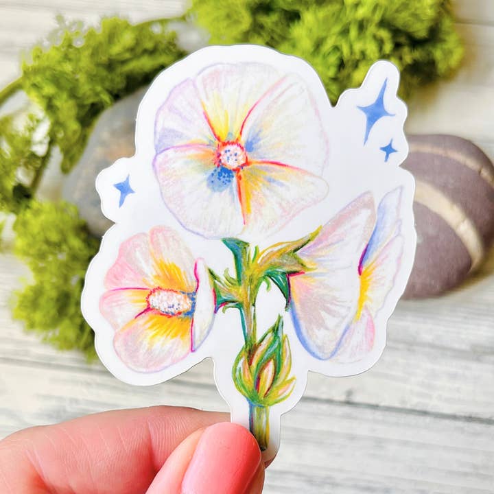 Autocollant Roses Trémières Blanches | Vinyle Mat Résistant aux Intempéries pour la vente par The Swimming Owl